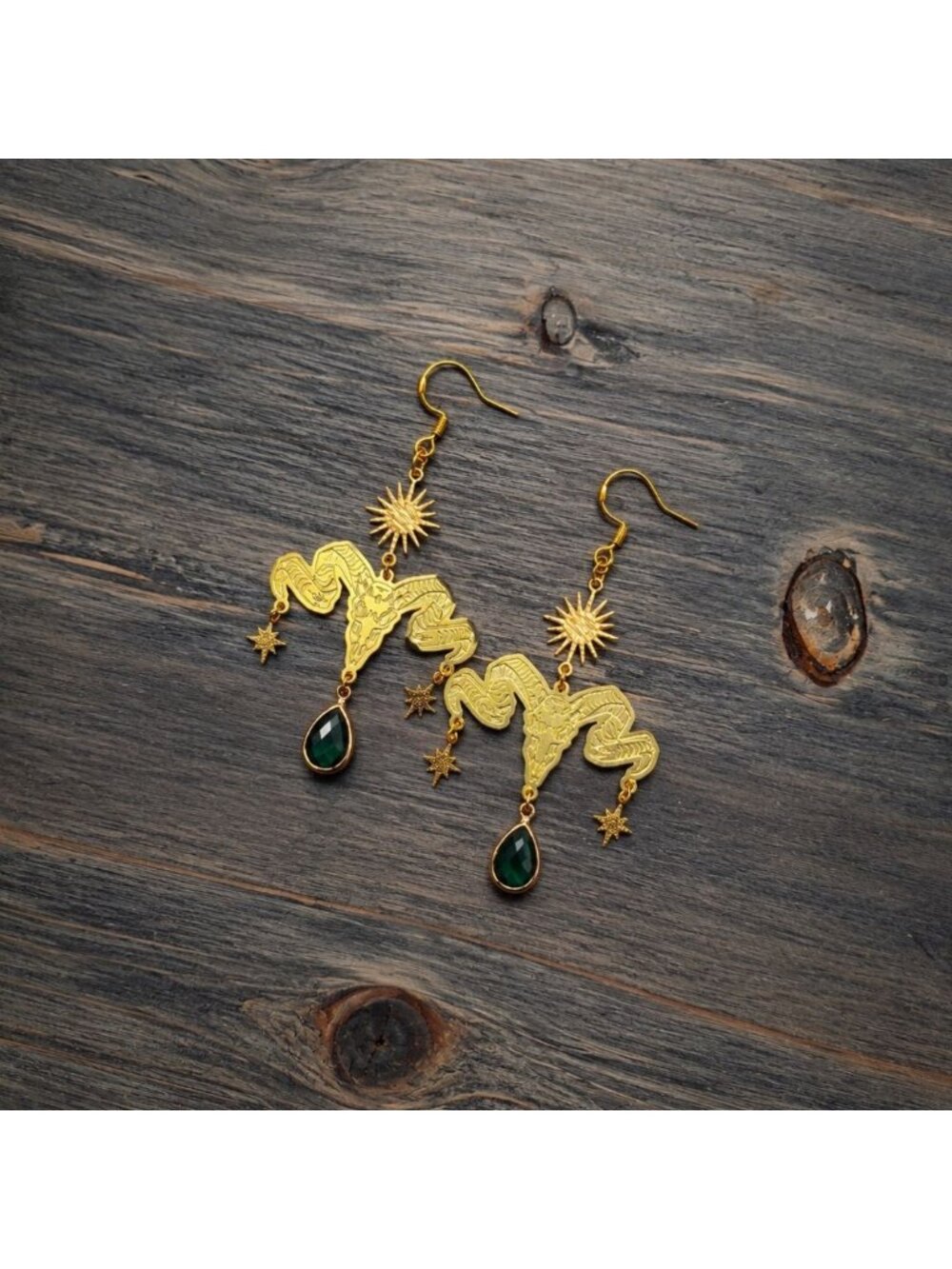 Gothic Ram Skull Earrings Green Crystal Dangle Earrings Gold Celestial Witchy